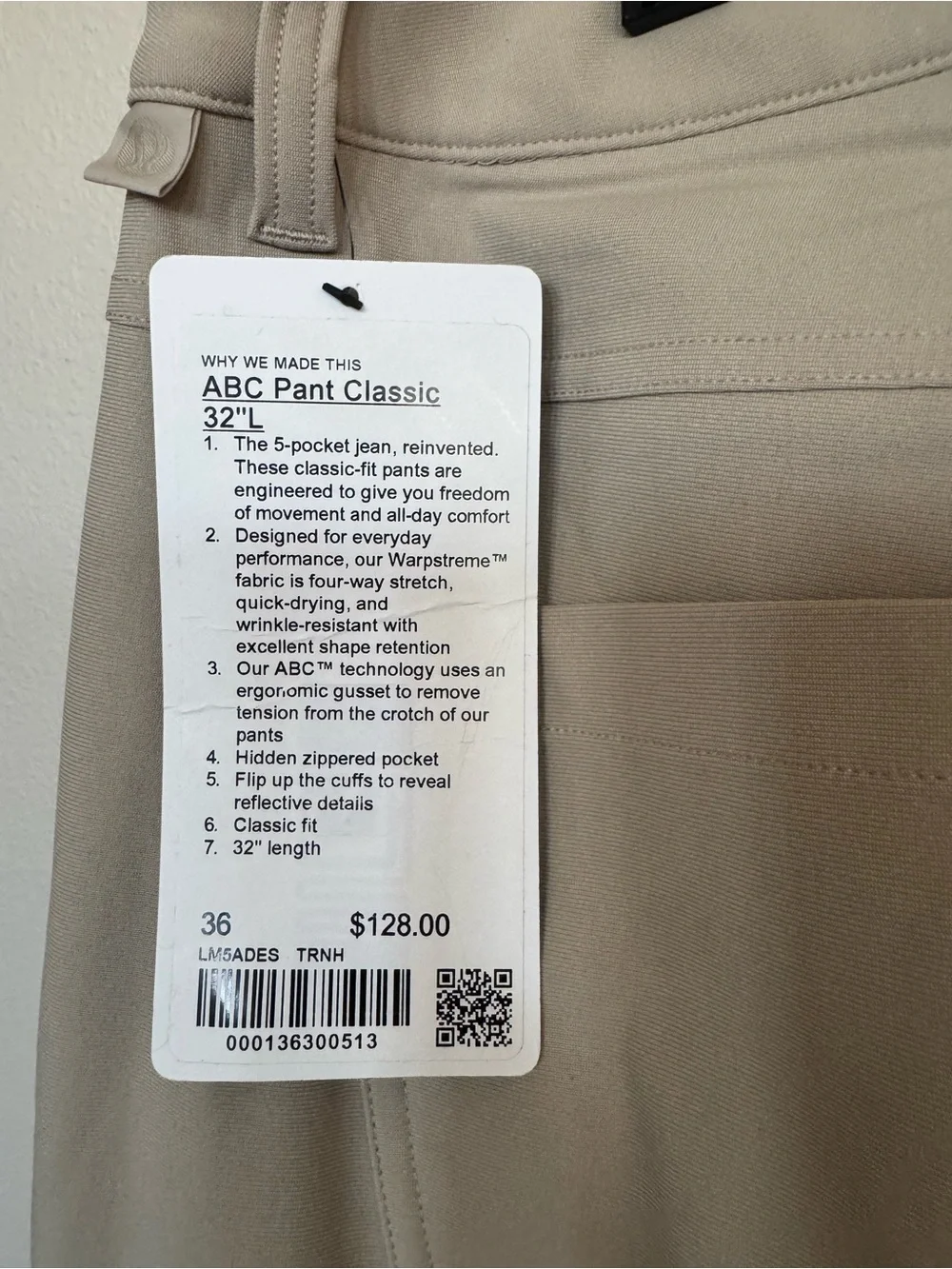lululemon athletica Men's Khakhi ABC pant classic Warpstreme Fabric